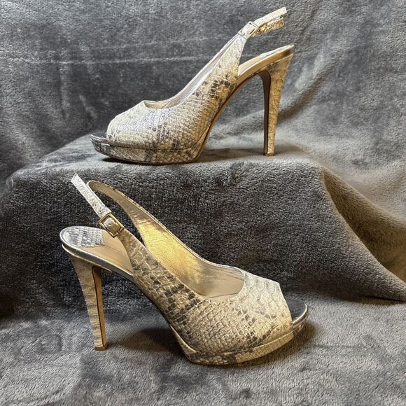 Donald J Pliner Heels Size 8M Gold Shimmer Snakeskin Slingback Allie Peep Toe - Picture 5 of 16